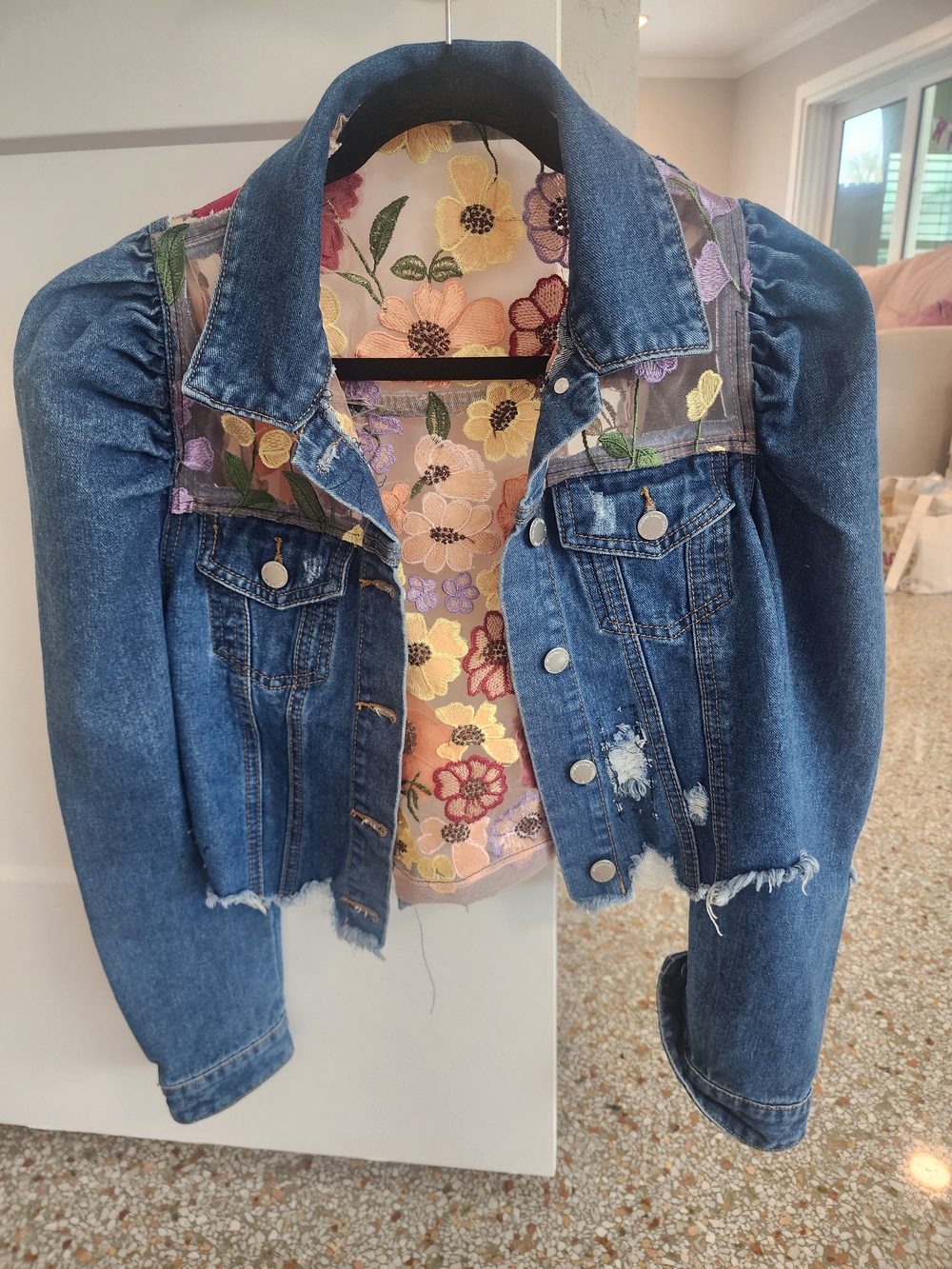 Floral Embroidered Sheer-Back Denim Jacket - Multicolor - Picture 8 of 9